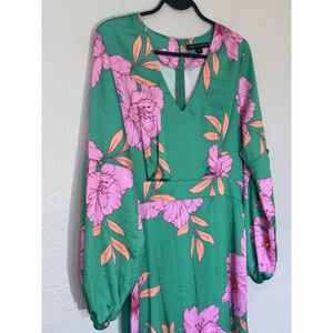 Boston Proper Green Floral Maxi Dress Pink Tropical Print V-Neck Size 10